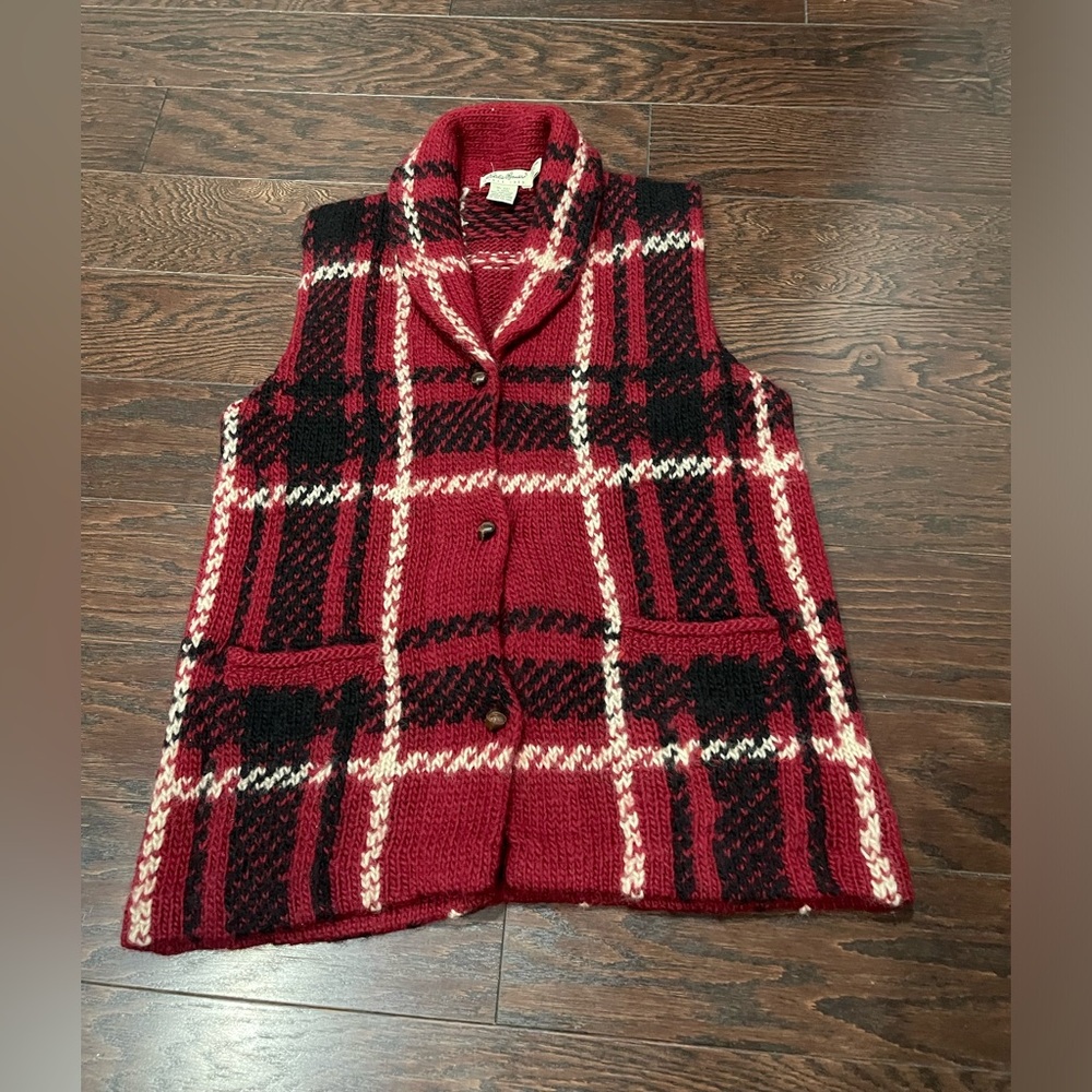 EDDIE BAUER plaid check wool collar sweater vest Size Small Petite holiday